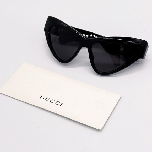 NEW GUCCI GG1294S 001 WOMEN SHINY BLACK GREY CAT EYE SUNGLASSES GUCCI - Picture 10 of 13